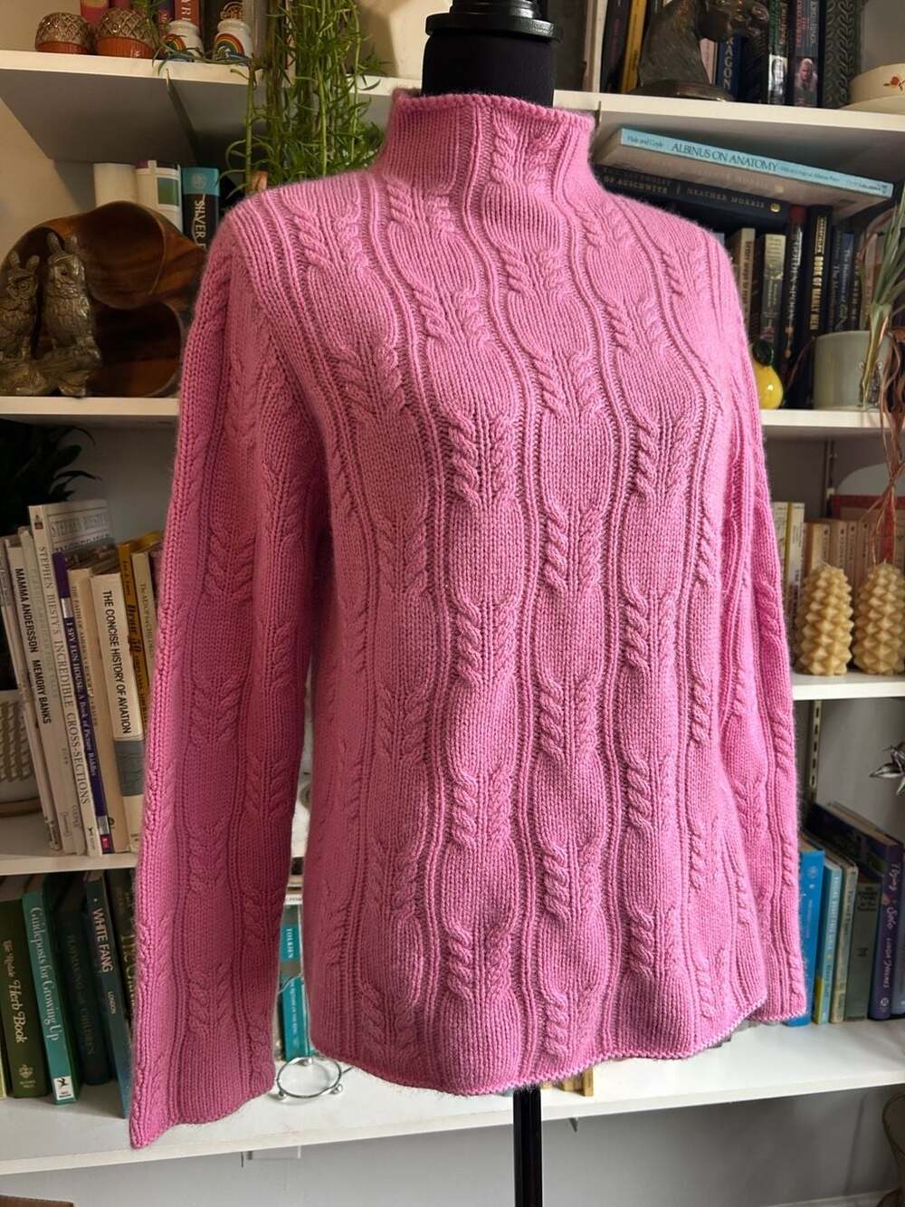 Pure Cashmere Turtleneck Sweater Size L Pink Cable Knit